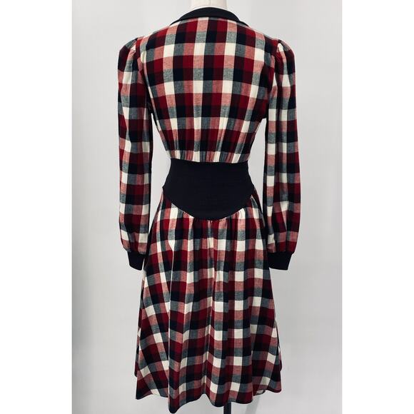 Vintage 80s Gingham Plaid Midi Dress Fit & Flare Shirtdress Collared Red Black 0 - Picture 8 of 11